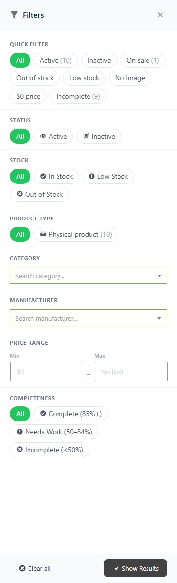 The Filters panel, with the Product type filter before Category.