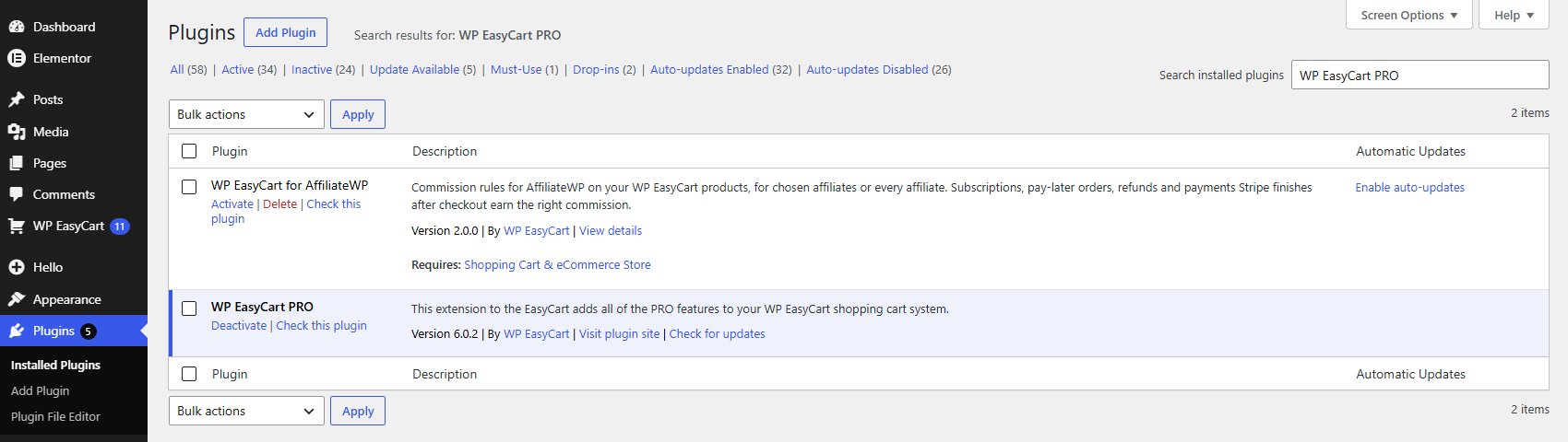Plugins, with WP EasyCart PRO installed and active.