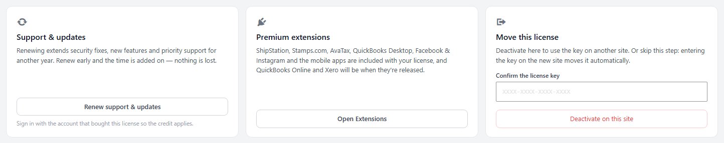 Below the card: Support & updates, Premium extensions and Move this license.