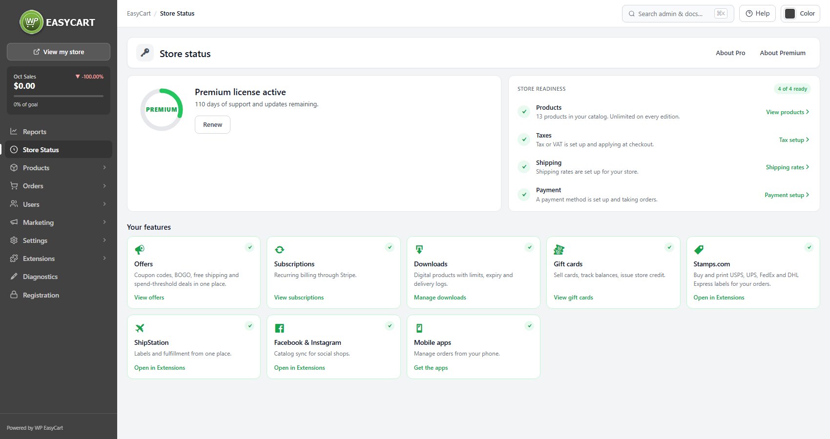 EasyCart › Store Status, with the license, store readiness and your features.