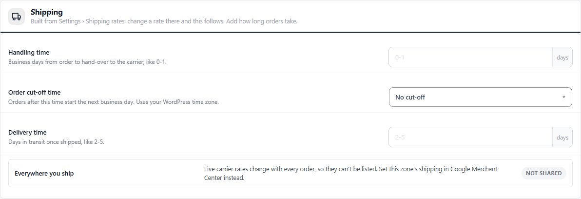 The Shipping section, with the zone list built from your shipping rates.