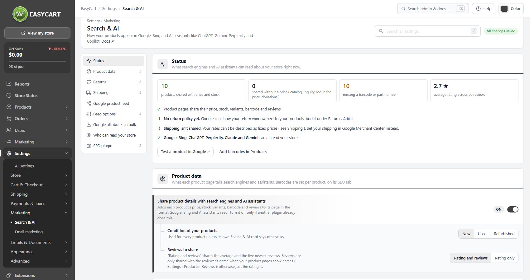 Settings › Marketing › Search & AI, opening on the Status section.