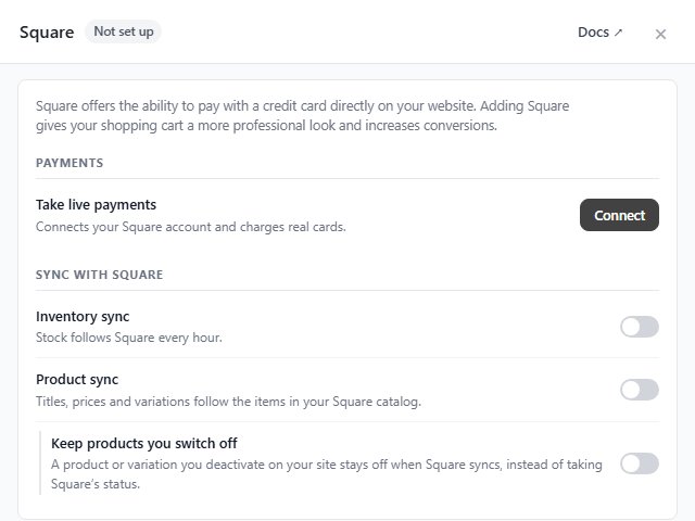 Square settings in WP EasyCart with Connect beside Take live payments and the sync switches