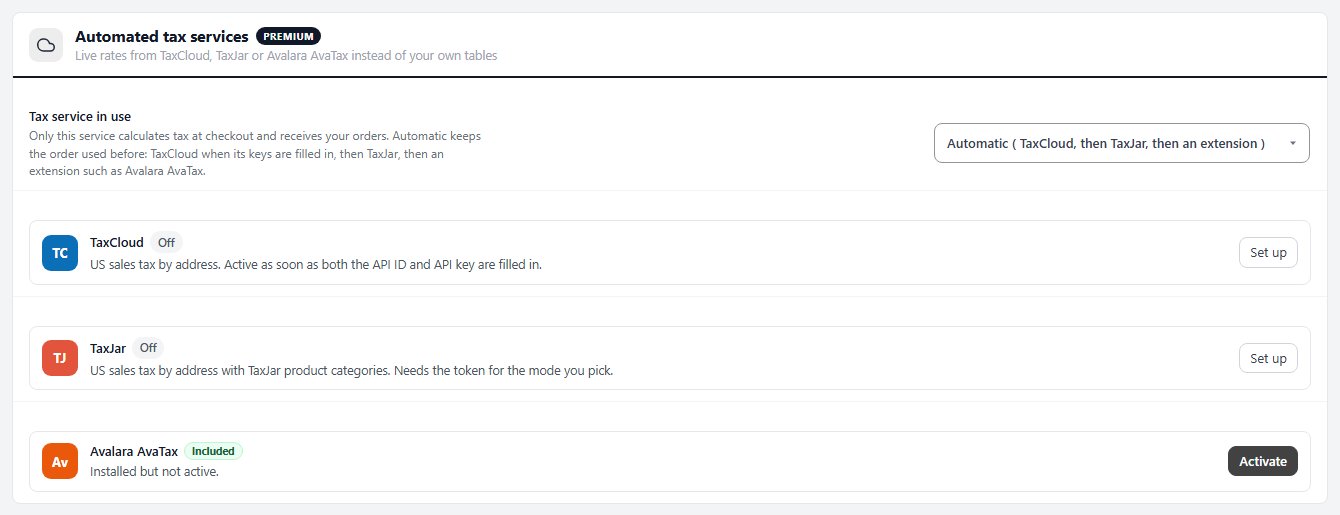 Settings › Taxes, showing the Automated tax services card.