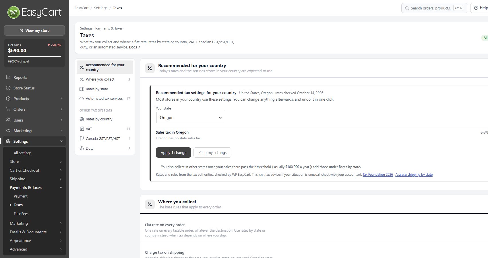 Settings › Taxes on a US store: Recommended for your country first, and the sections it does not use listed under Other tax systems.