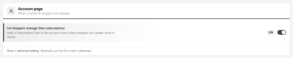 Settings › Accounts, the Account page card with Let shoppers manage their subscriptions.