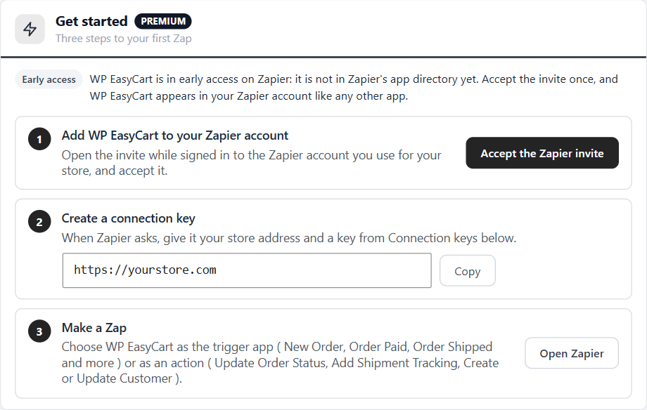Get started: the Zapier invite, your store address to copy, and a link to make a Zap.
