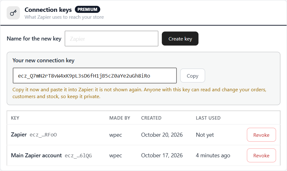 A new connection key, shown once, above the keys in use.